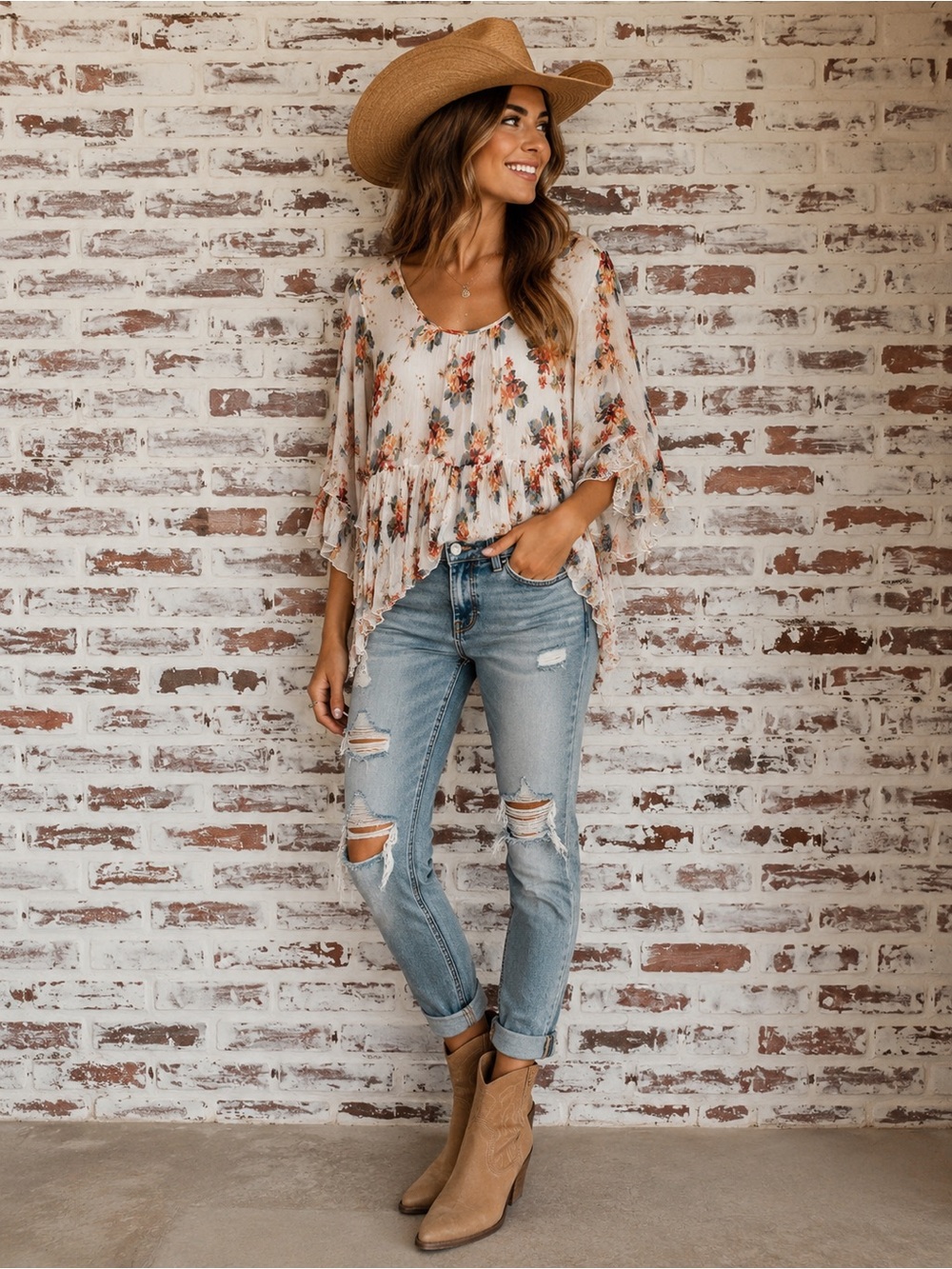 Johnny Was White Floral Ruffled georgette Blouse with Red & Blue Flowers